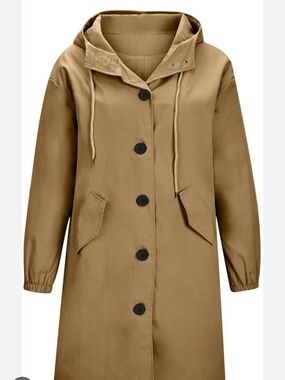 Women's Long Rain Jacket Lightweight Hooded Knee Length Raincoat -camel